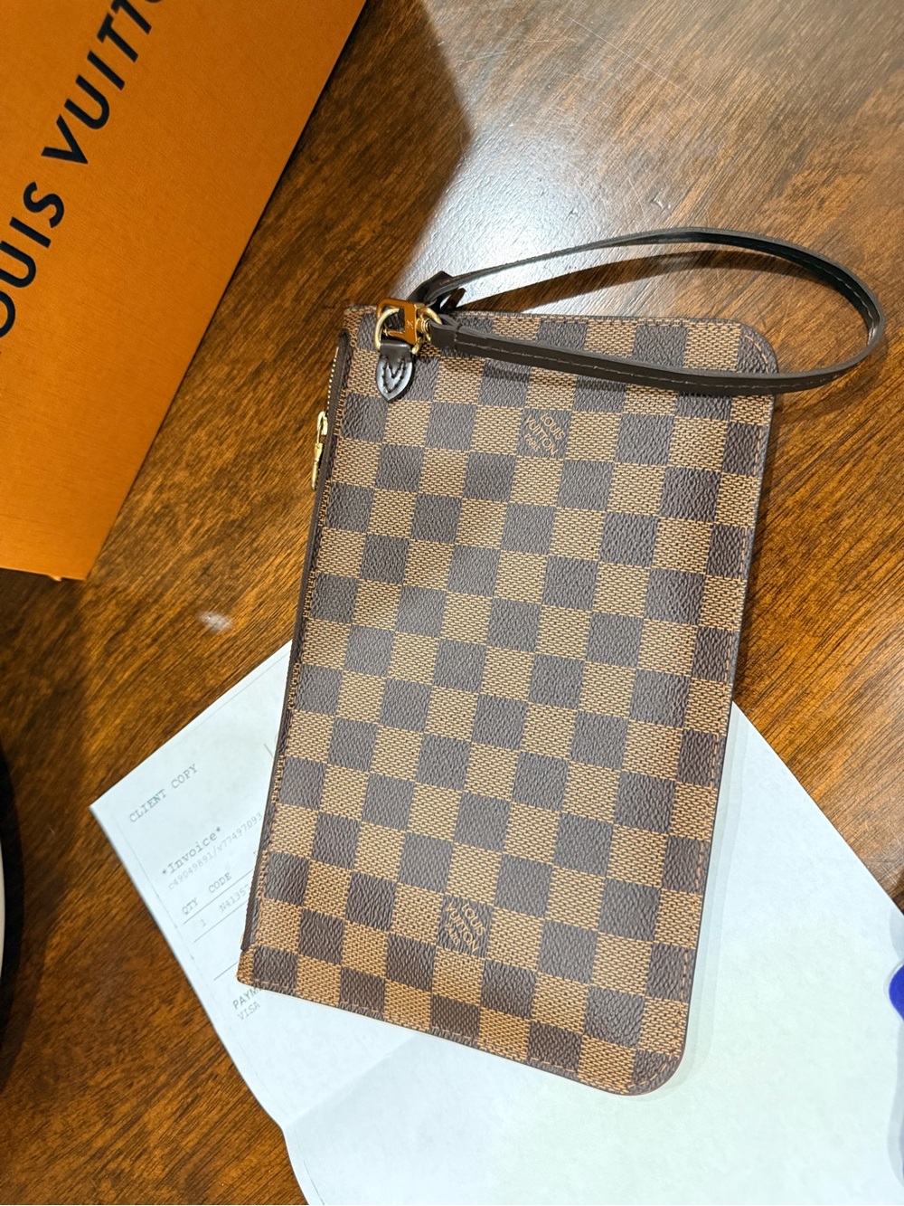 Louis Vuitton Neverfull Damier Ebene Wristlet Pochette with Receipt - Picture 9 of 15